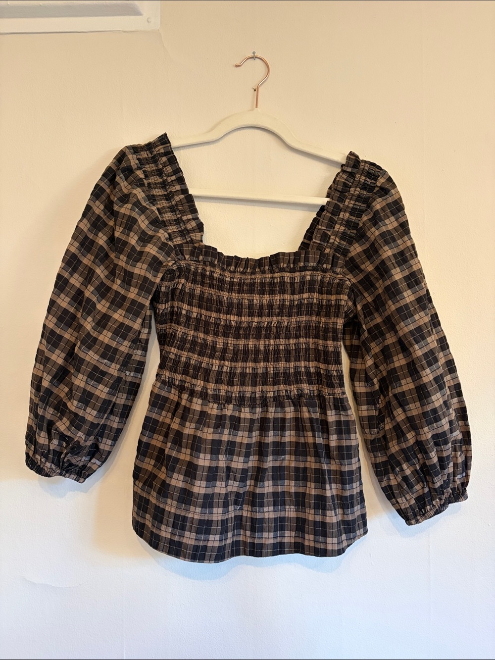 Ganni Black and Tan Plaid Smocked Square-Neck Tunic
